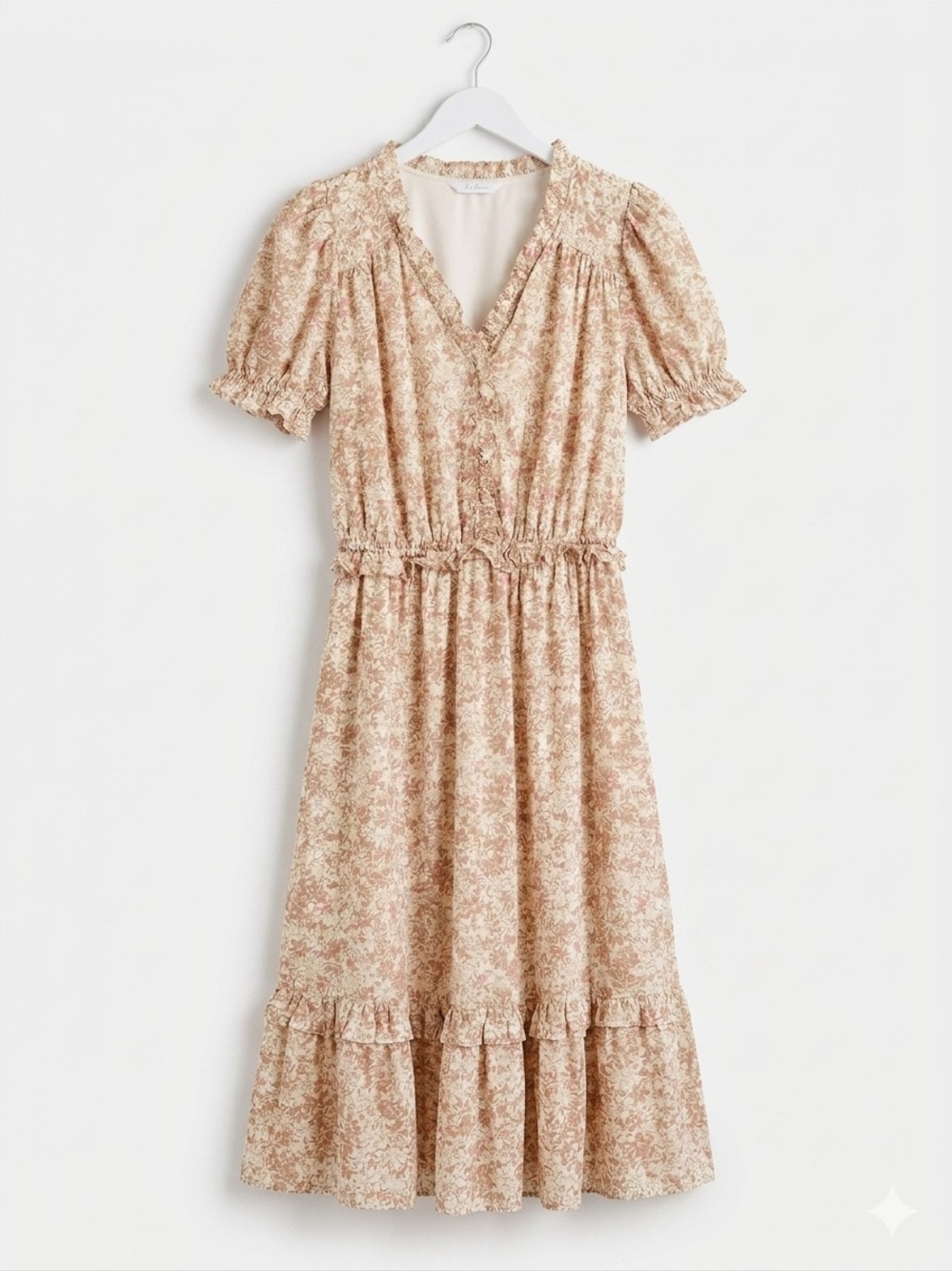 DownEast Beige Floral Puff-Sleeve Midi Dress